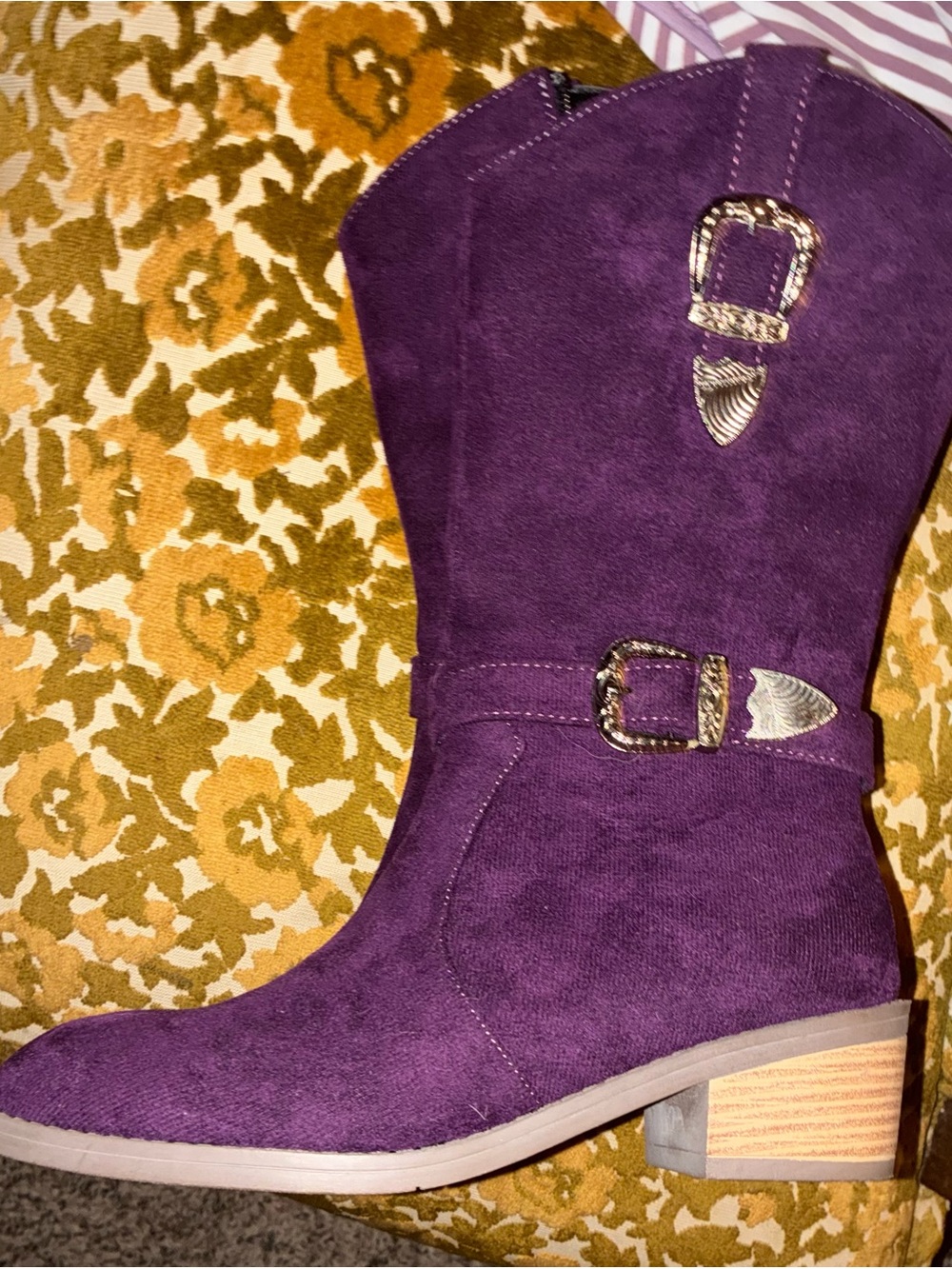 Purple Suede Mid-Calf Western Boot with Decorative Buckles